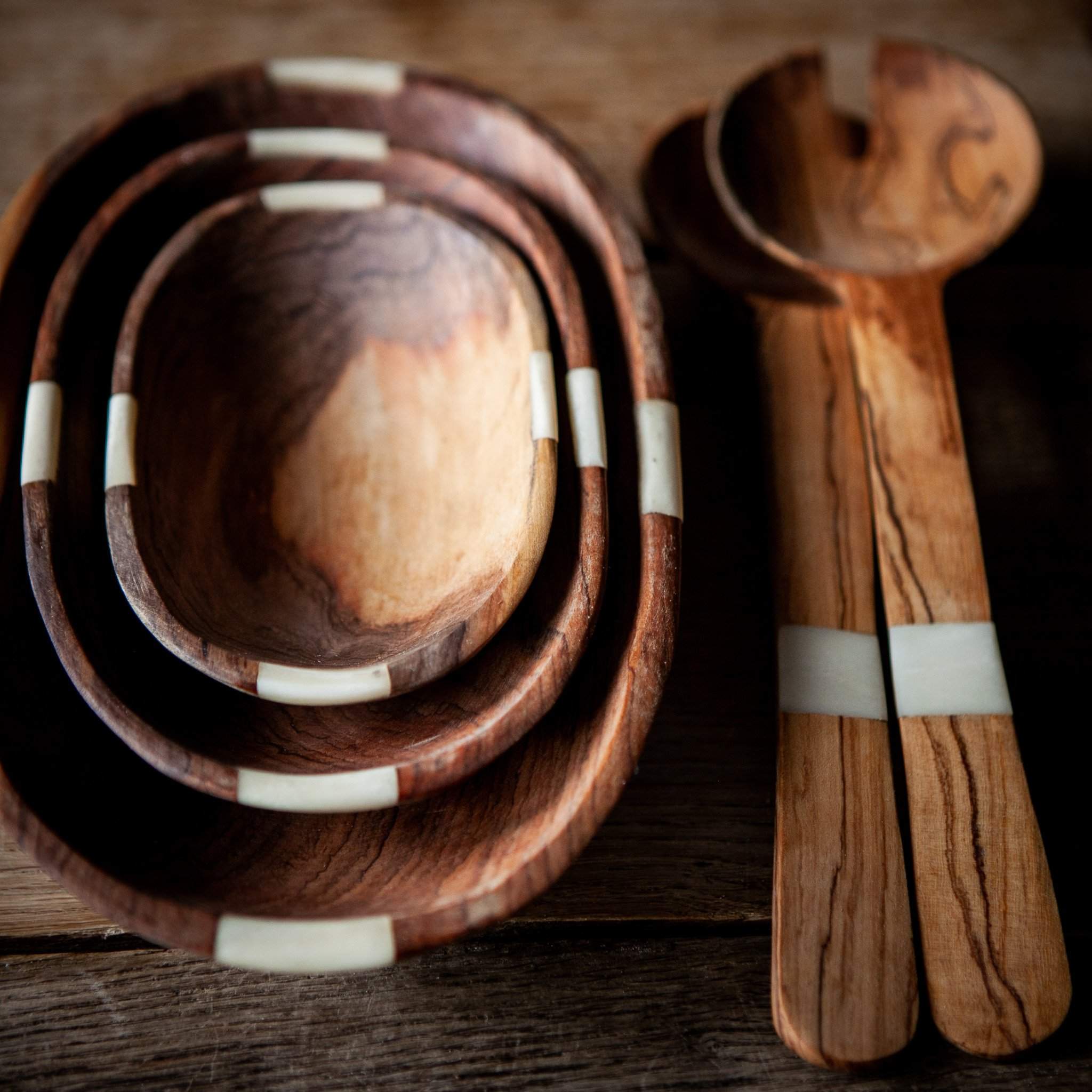 Oval olive wood and bone bowl set-Artisan Traders-african,fairtrade,handcarved,handcrafted,handmade,kenya,natural,olive wood,wood