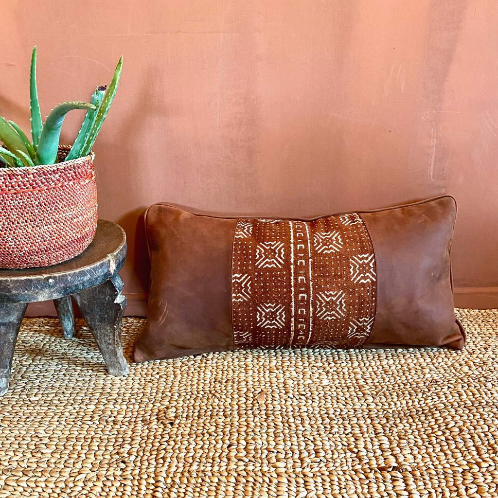 Rust leather mudcloth cushion #6-Artisan Traders-african,cushion,handcrafted,handmade,natural