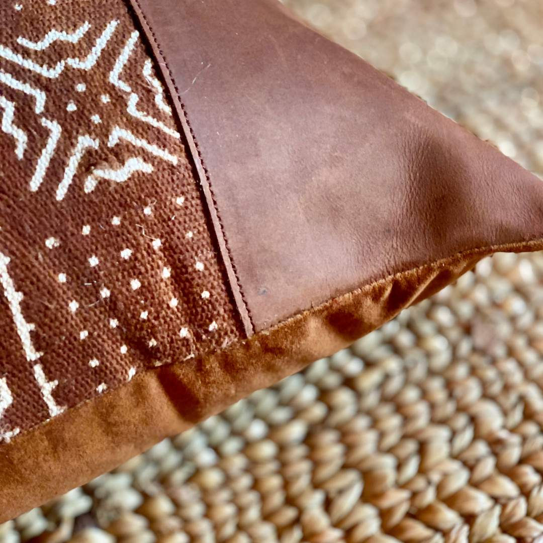 Rust leather mudcloth cushion XL #4-Artisan Traders-african,cushion,decoration,handcrafted,handmade,kenya,natural